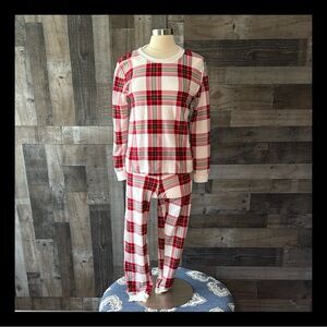 Red green plaid thermal waffle knit pajama set medium Christmas holiday party